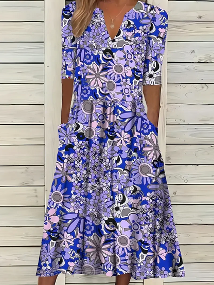 Ladies Flowy Floral V-Neck Summer Dress