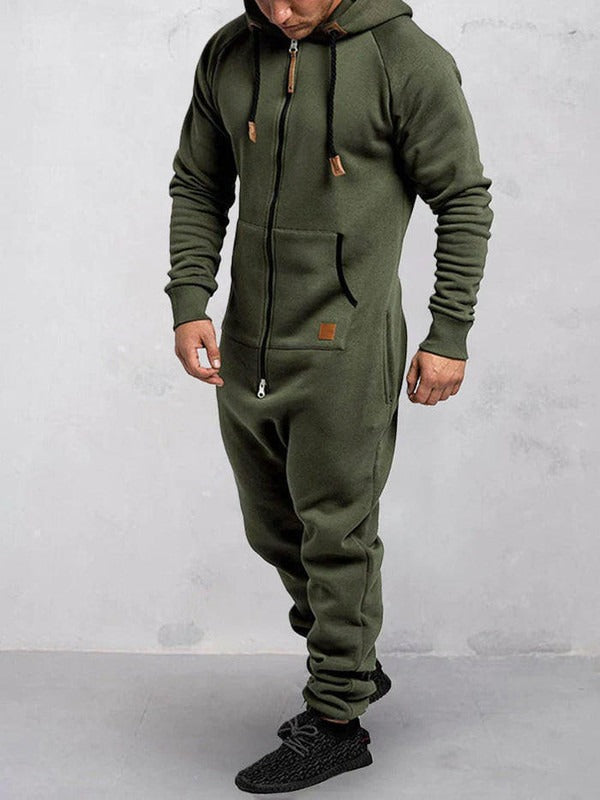 Comfortable Men's Fleece Jumpsuit with Hood and Zipper
