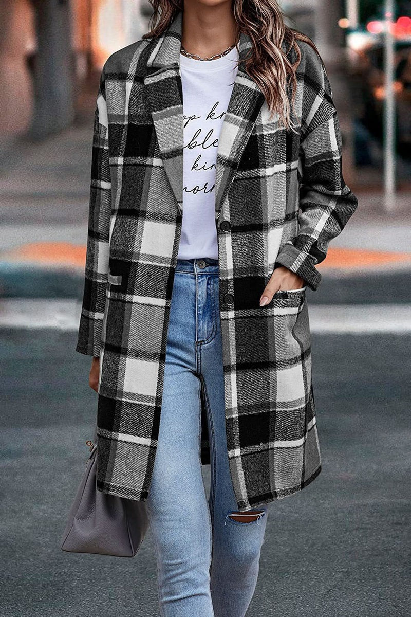 Large Plaid Wool Women's Coat with Buttons