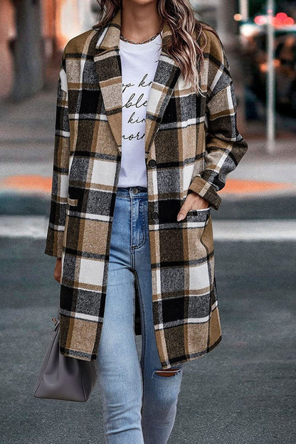 Large Plaid Wool Women's Coat with Buttons