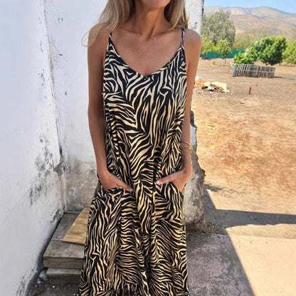 Loose Fit Animal Print Maxi Dress with Pockets - EasyApparels