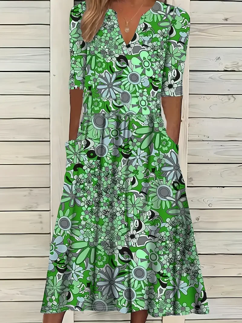 Ladies Flowy Floral V-Neck Summer Dress - EasyApparels