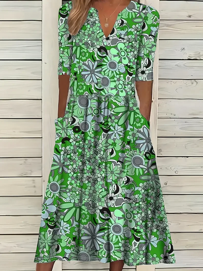 Ladies Flowy Floral V-Neck Summer Dress - EasyApparels