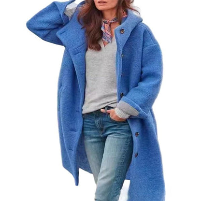 Women's Long Wool Coat with Hood and Button Front