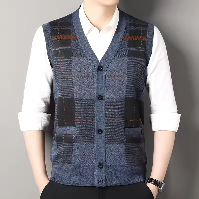 Men's Wool Button Front Checked Vest