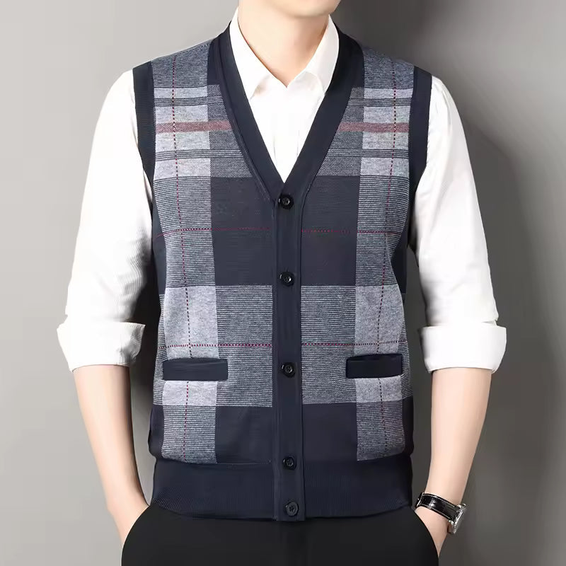 Men's Wool Button Front Checked Vest - EasyApparels