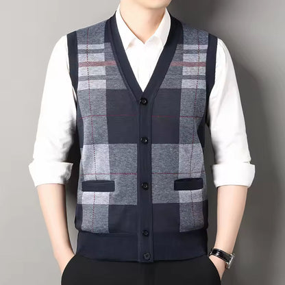 Men's Wool Button Front Checked Vest - EasyApparels
