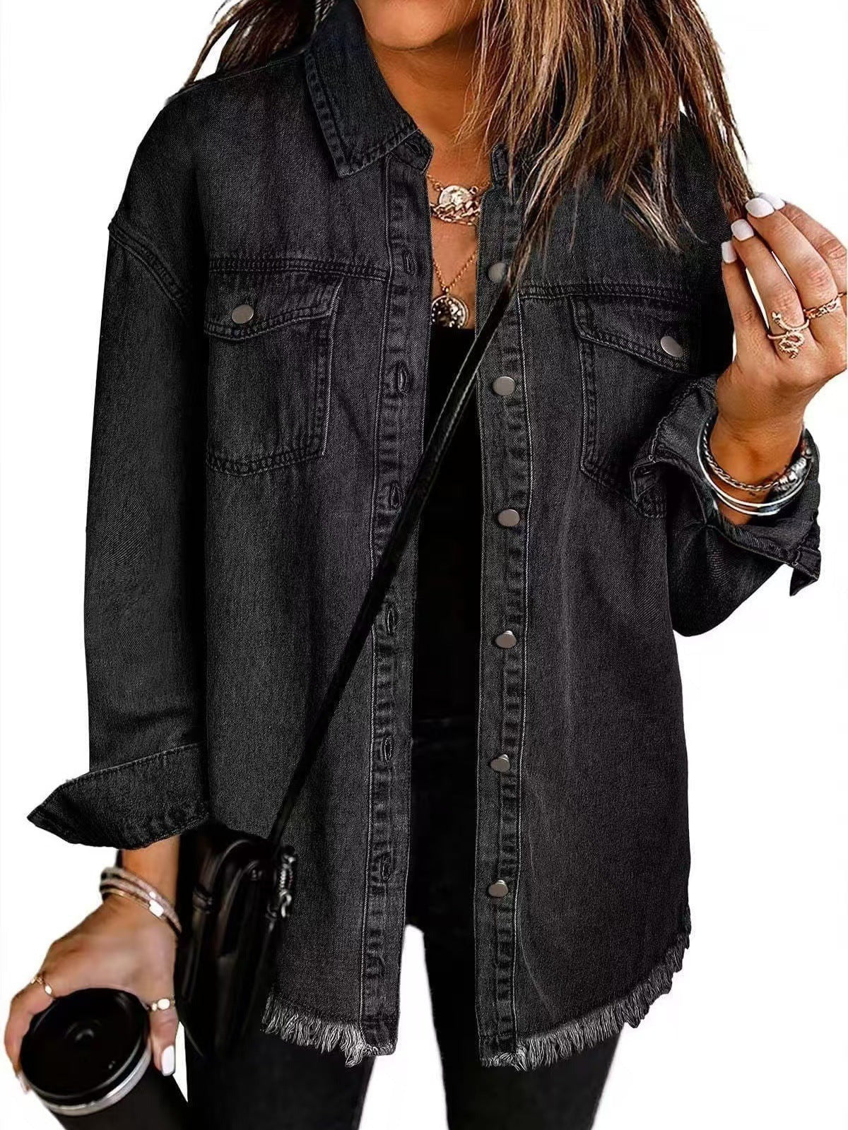 Women's Distressed Jeans Jacket with Buttons and Fringe Trim - EasyApparels