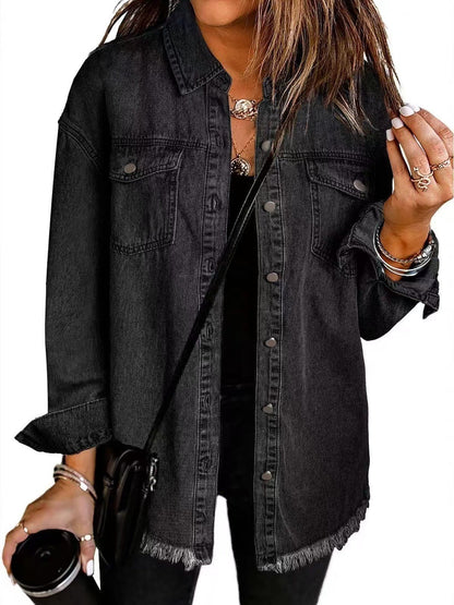 Women's Distressed Jeans Jacket with Buttons and Fringe Trim - EasyApparels
