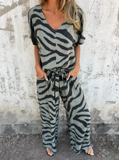Comfortable Zebra Print V-Neck Top and Pants Set
