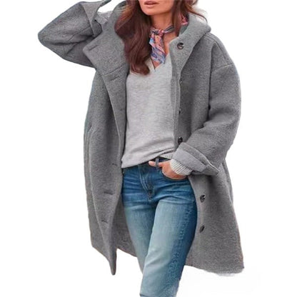 Women's Long Wool Coat with Hood and Button Front