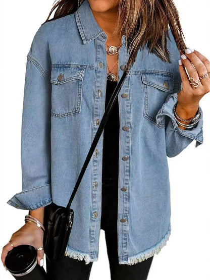 Women's Distressed Jeans Jacket with Buttons and Fringe Trim