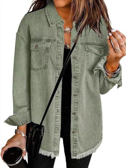 Women's Distressed Jeans Jacket with Buttons and Fringe Trim