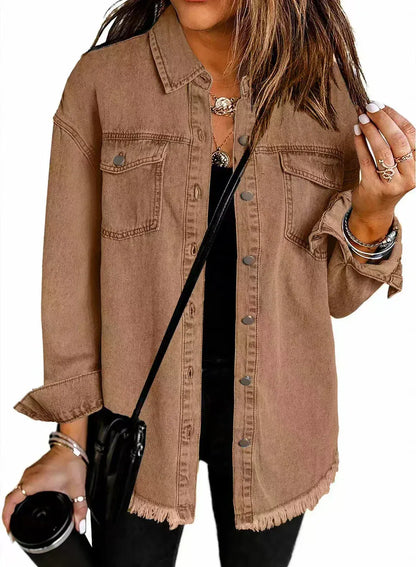 Women's Distressed Jeans Jacket with Buttons and Fringe Trim