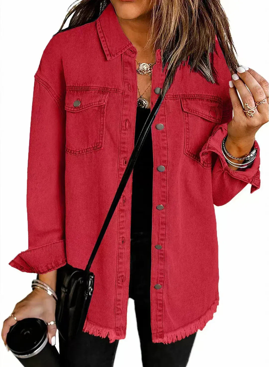 Women's Distressed Jeans Jacket with Buttons and Fringe Trim