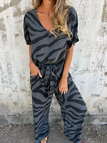Comfortable Zebra Print V-Neck Top and Pants Set