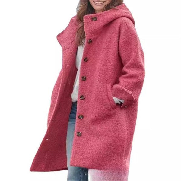 Women's Long Wool Coat with Hood and Button Front - EasyApparels
