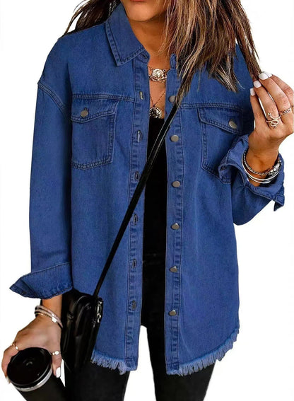 Women's Distressed Jeans Jacket with Buttons and Fringe Trim
