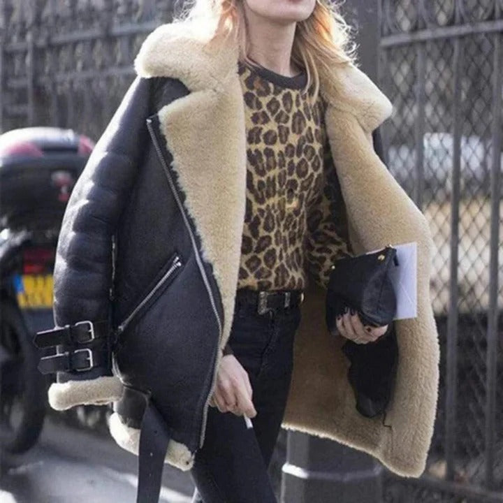 Ladies Oversized Faux Suede Shearling Jacket