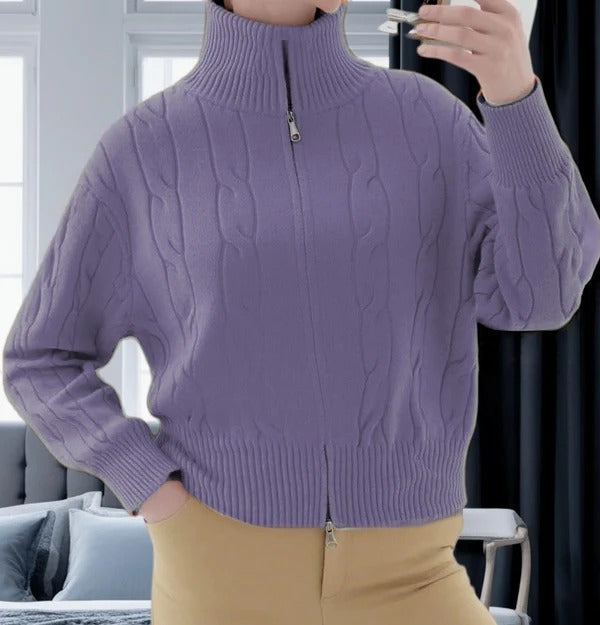 Cozy Women's Cable Knit Zip Up Sweater - EasyApparels