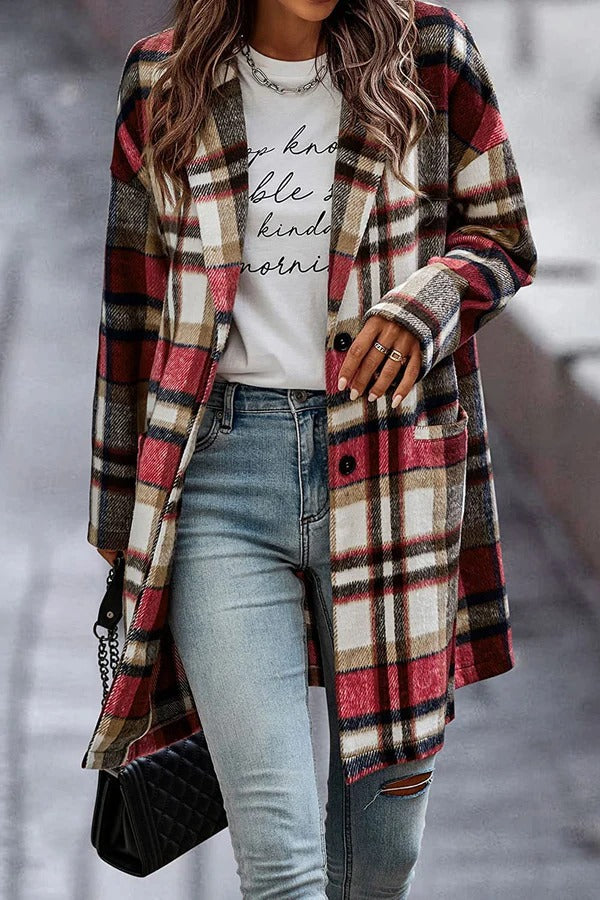 Large Plaid Wool Women's Coat with Buttons