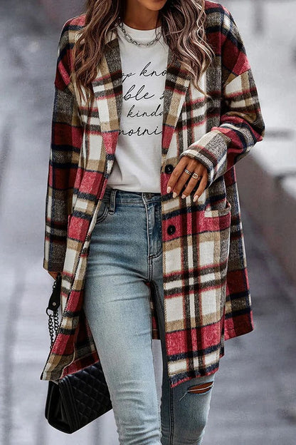 Large Plaid Wool Women's Coat with Buttons