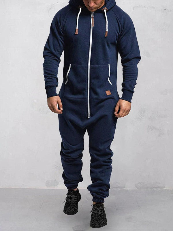 Comfortable Men's Fleece Jumpsuit with Hood and Zipper - EasyApparels