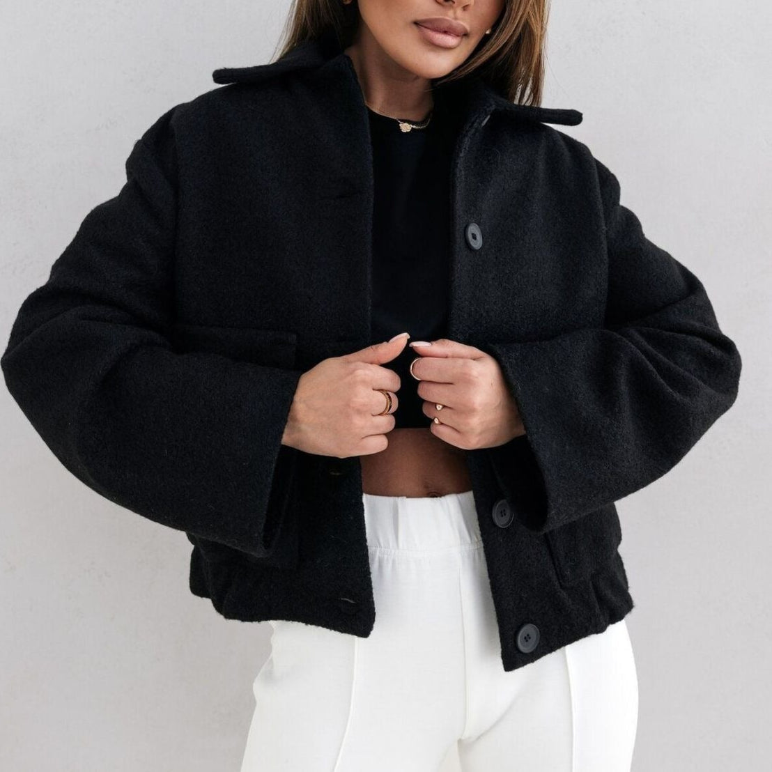 Relaxed Fit Wool Coat with Buttons and Pockets