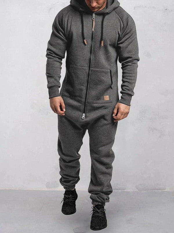 Comfortable Men's Fleece Jumpsuit with Hood and Zipper