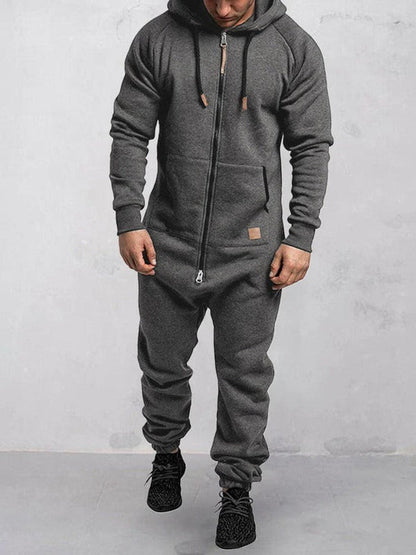 Comfortable Men's Fleece Jumpsuit with Hood and Zipper