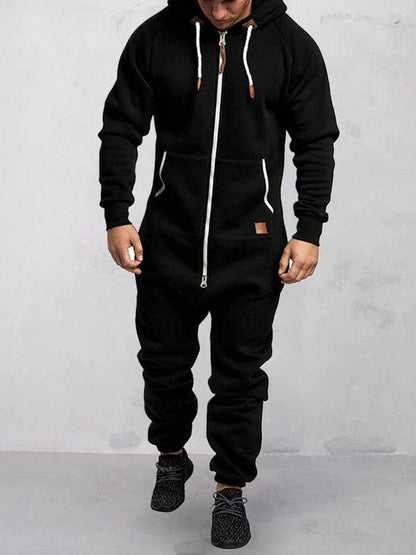 Comfortable Men's Fleece Jumpsuit with Hood and Zipper