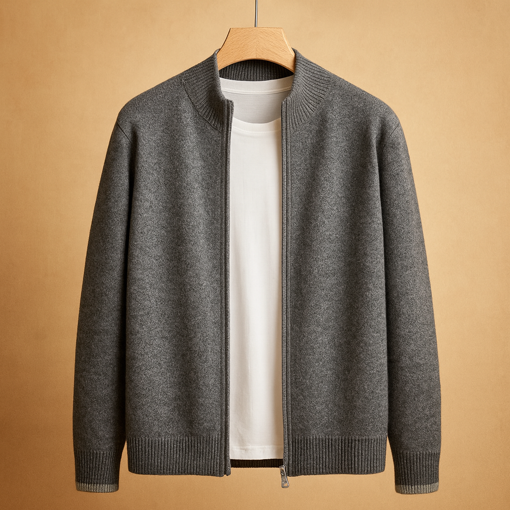 Knitted zip cardigan for men with ribbed collar, classic design, and warm fit, ideal for autumn and winter casual or business wear.