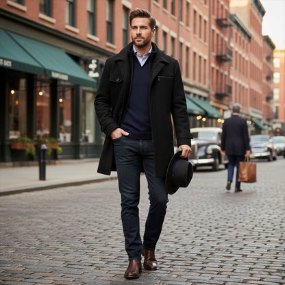 Warm Men's Zip Up Wool Coat with Button Front
