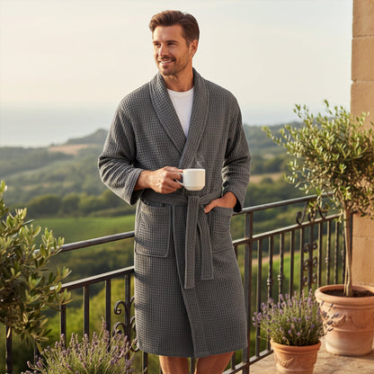 Soft Men's Waffle Weave Bathrobe with Tie Belt