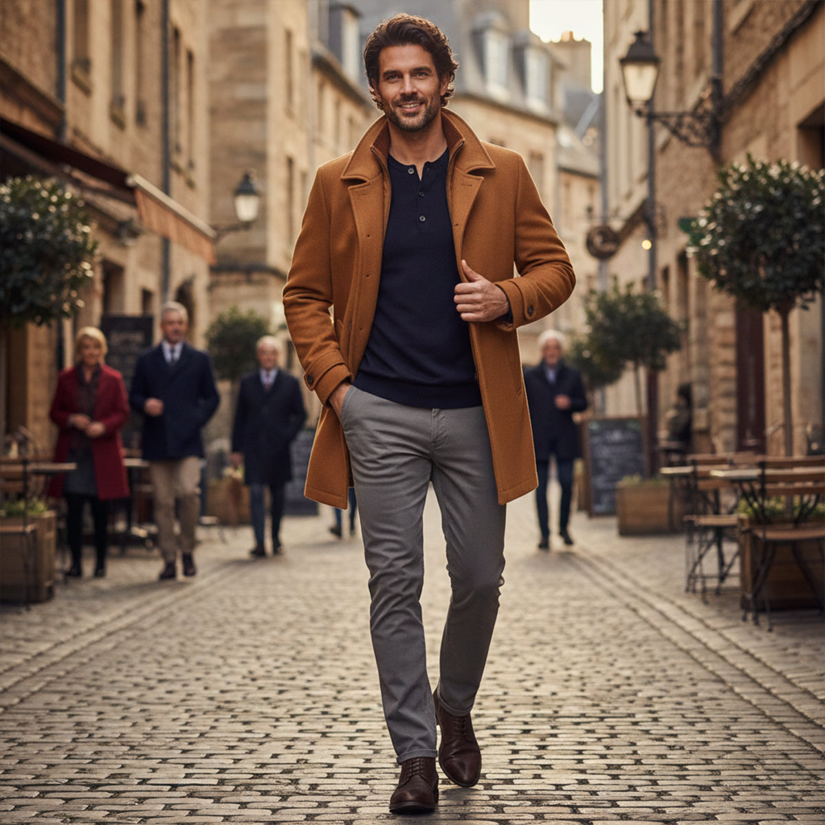 Warm Men's Zip Up Wool Coat with Button Front
