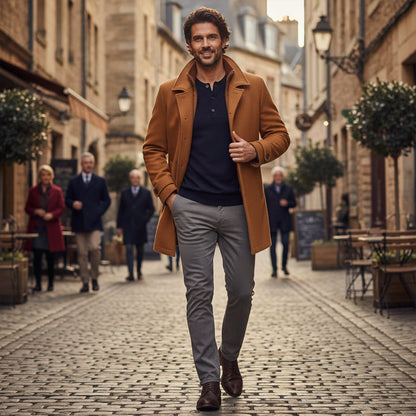 Warm Men's Zip Up Wool Coat with Button Front