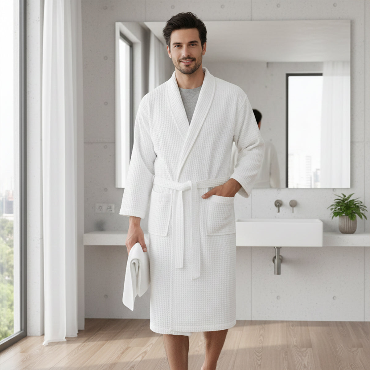 Soft Men's Waffle Weave Bathrobe with Tie Belt