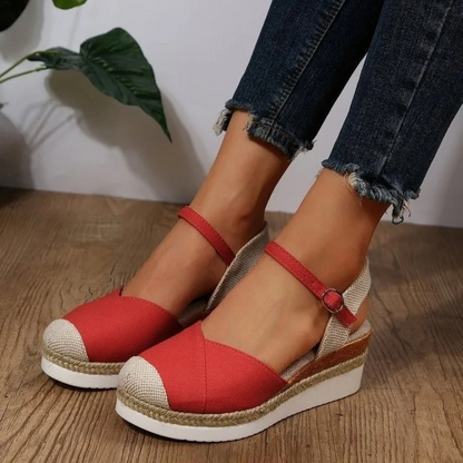 Ladies' Sandals with Buckle Closure and Closed Toe – Isabelle-Red/Brown-3-State of Style