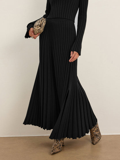 Flared Hem Pleated Knit Skirt