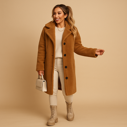 Women’s long teddy coat in soft fabric with elegant silhouette, perfect for winter warmth and stylish city or formal looks.