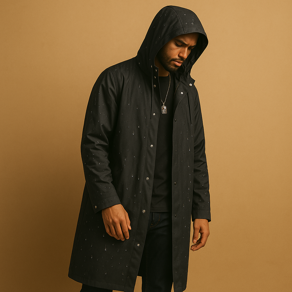 Men’s long waterproof rain jacket made from durable EVA material, perfect for walking, camping, and outdoor adventures in rainy weather.