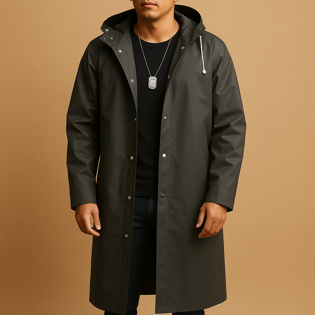 Men’s long waterproof rain jacket made from durable EVA material, perfect for walking, camping, and outdoor adventures in rainy weather.