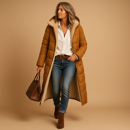 Women’s long winter coat with modern cut, high-quality insulation, and elegant design. Available in black, beige, and navy blue.