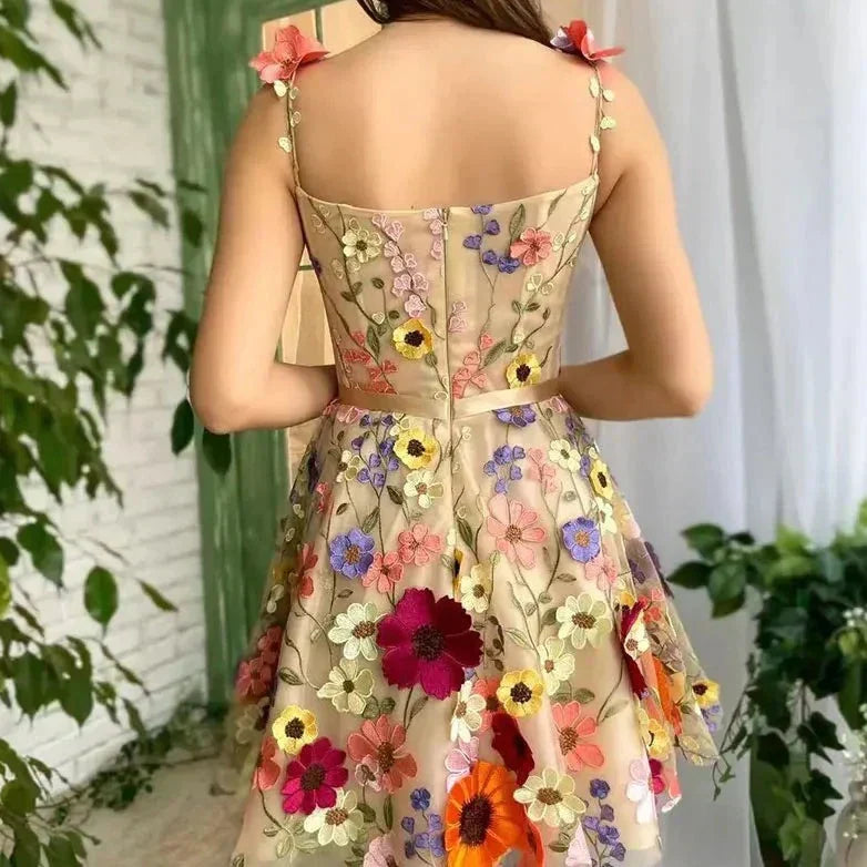 Lovely Dress with Floral Embroidery and Straps - Lilac-Apricot-XS-Nora Luxe