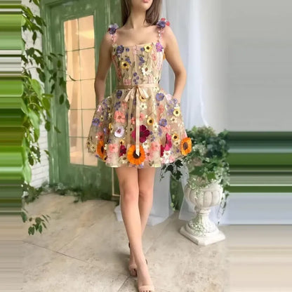 Beautiful Lilac Dress with Floral Details and Thin Straps - Pexav