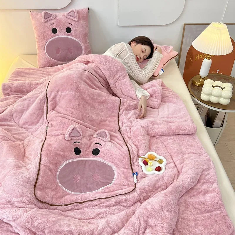 Luxury Cartoon Blanket and Cushion Set - Nomi-Piglet-Single (105x145cm)-The Livary