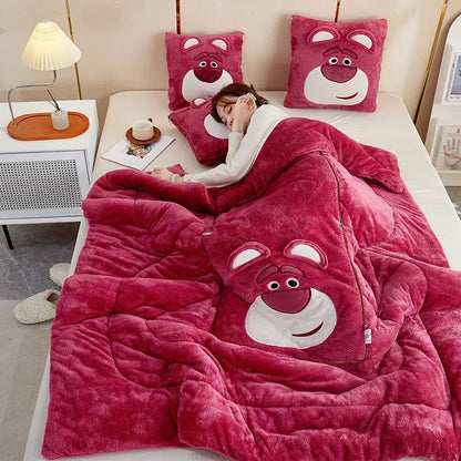 Luxury Cartoon Blanket and Cushion Set - Nomi-Strawberry Bear-Single (105x145cm)-The Livary