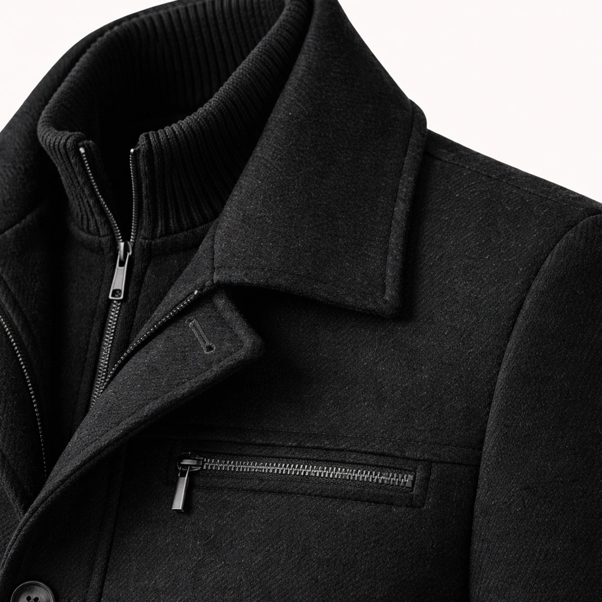 Warm Men's Zip Up Wool Coat with Button Front