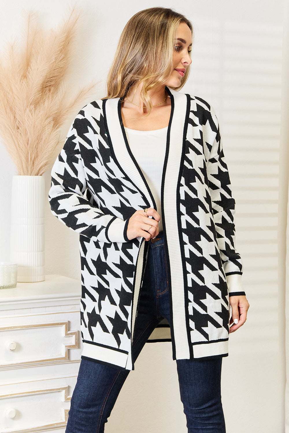 Classic Houndstooth Open Cardigan Sweater - EasyApparels