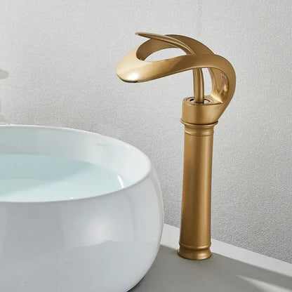 Messing Basin Mixer Tap with Waterfall Spout - Flowarc-Gold-Long-The Livary
